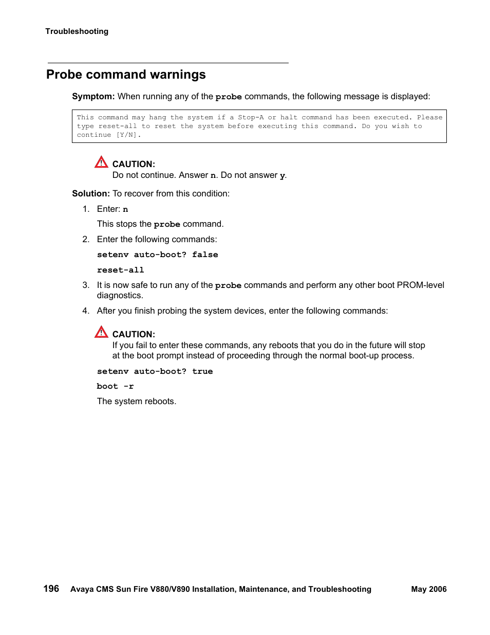 Probe command warnings | Sun Microsystems Sun Fire V880 User Manual | Page 196 / 208