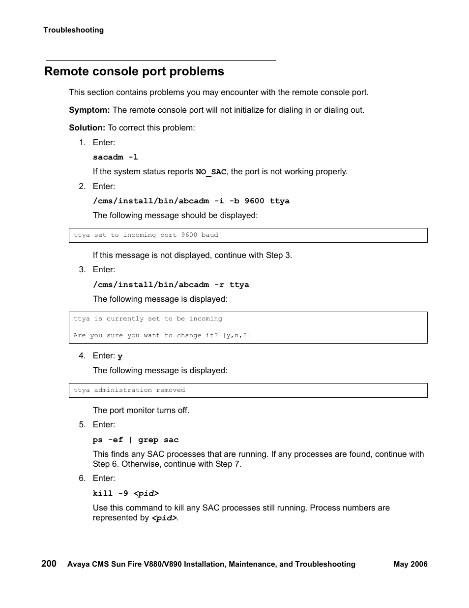 Remote console port problems, Remote, Console port problems | Sun Microsystems Sun Fire V880 User Manual | Page 200 / 208