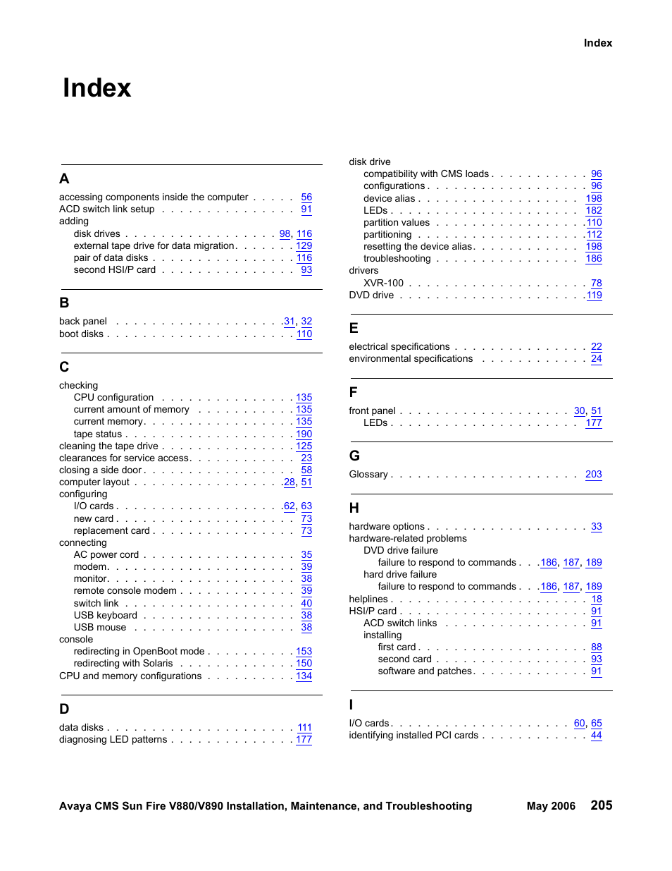 Index | Sun Microsystems Sun Fire V880 User Manual | Page 205 / 208