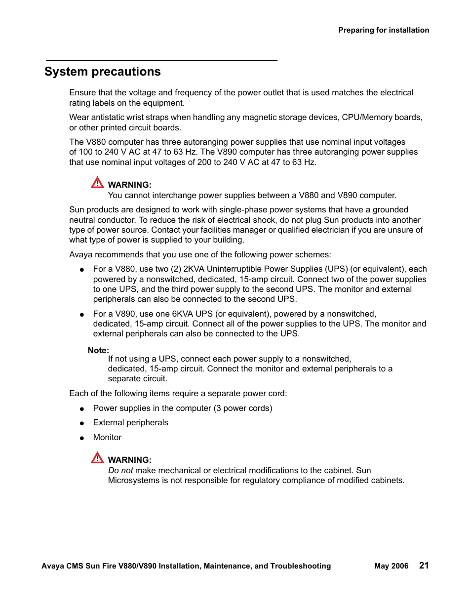 System precautions | Sun Microsystems Sun Fire V880 User Manual | Page 21 / 208