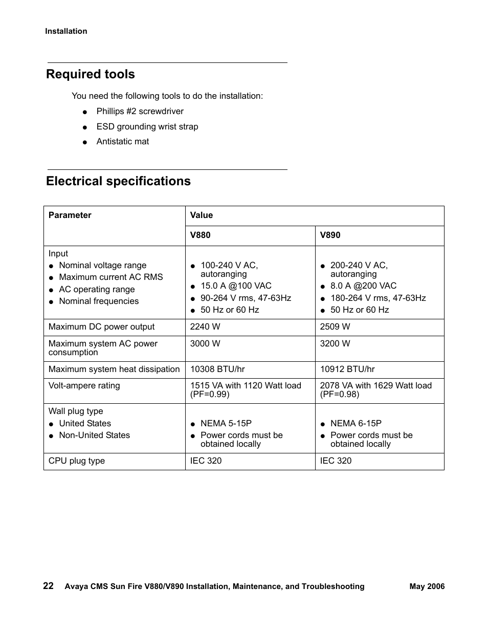 Required tools, Electrical specifications | Sun Microsystems Sun Fire V880 User Manual | Page 22 / 208
