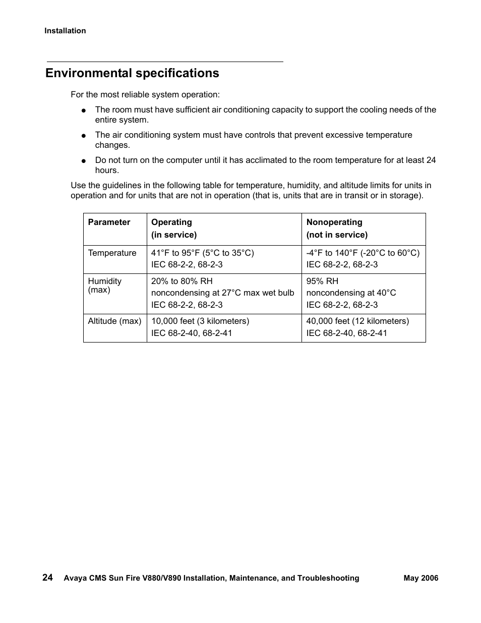 Environmental specifications | Sun Microsystems Sun Fire V880 User Manual | Page 24 / 208