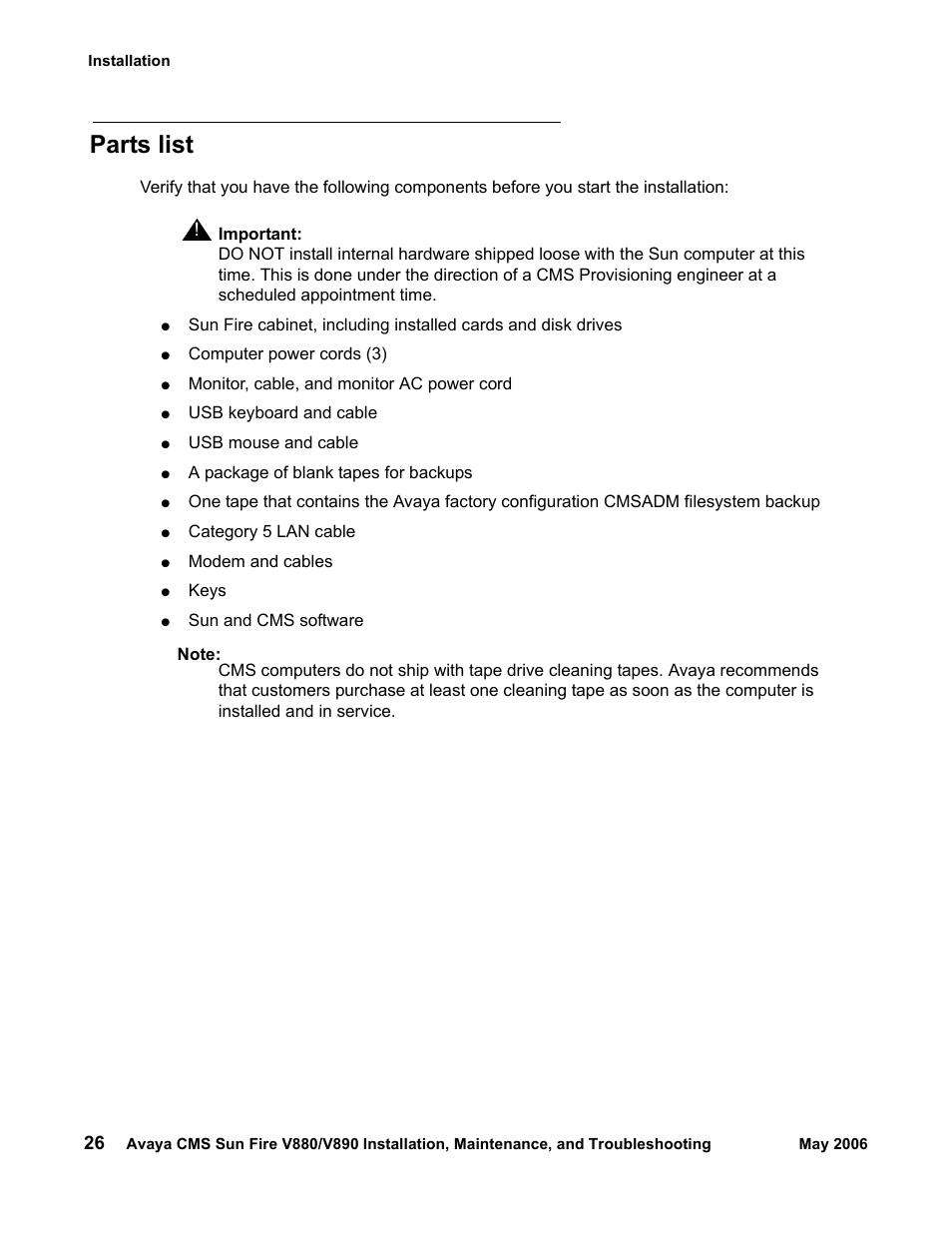 Parts list | Sun Microsystems Sun Fire V880 User Manual | Page 26 / 208