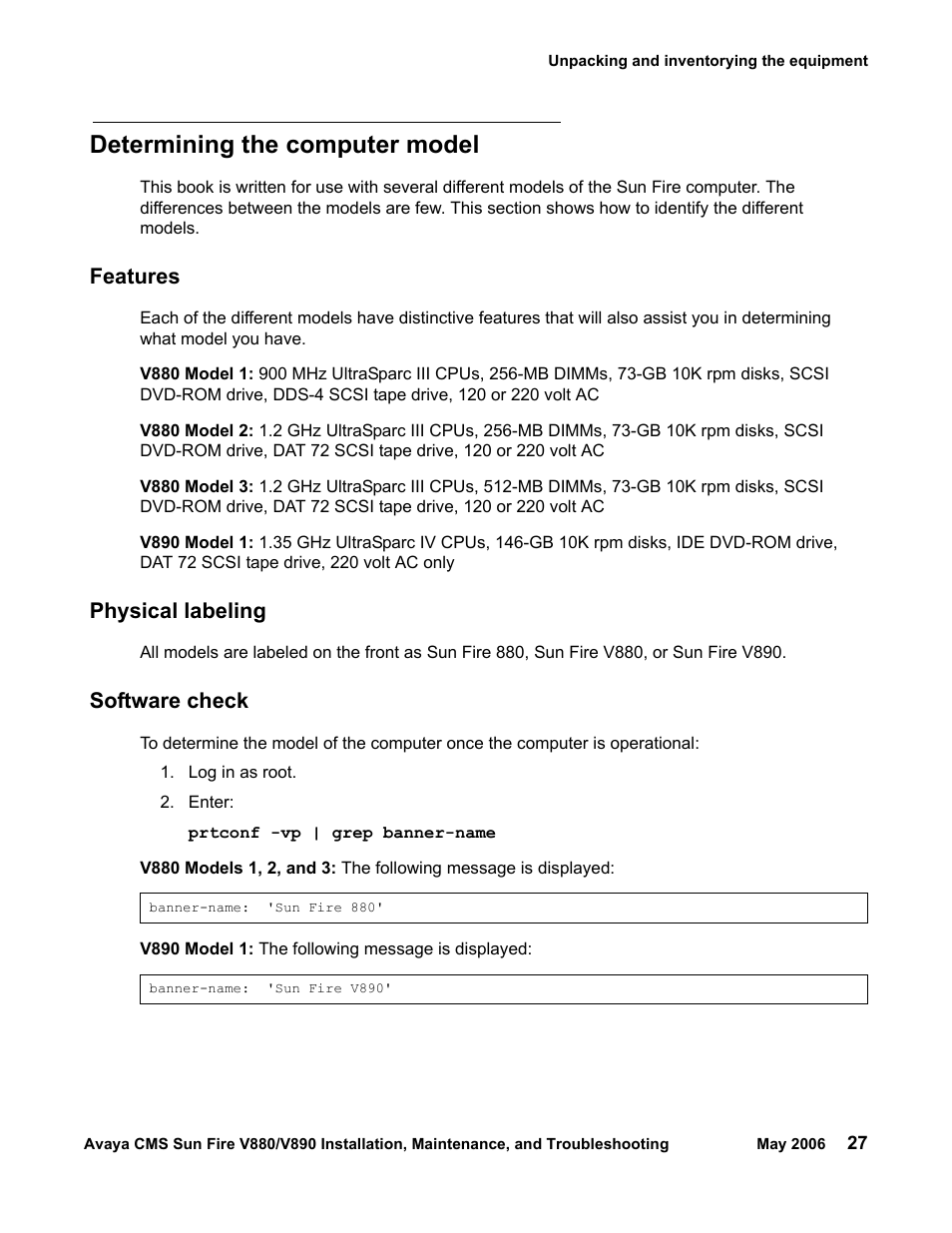 Determining the computer model, Features, Physical labeling | Software check | Sun Microsystems Sun Fire V880 User Manual | Page 27 / 208