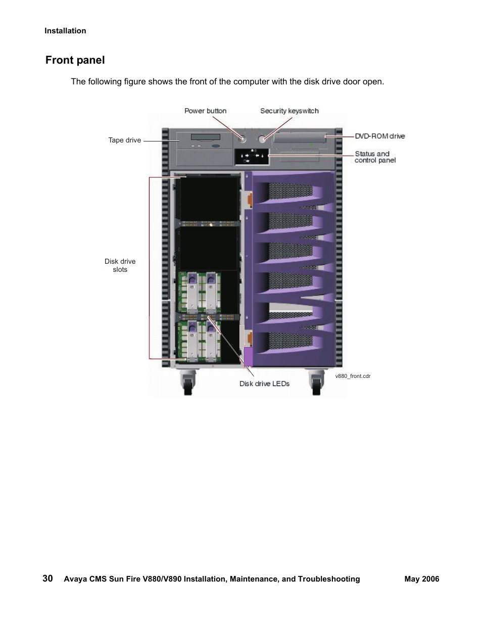 Front panel | Sun Microsystems Sun Fire V880 User Manual | Page 30 / 208