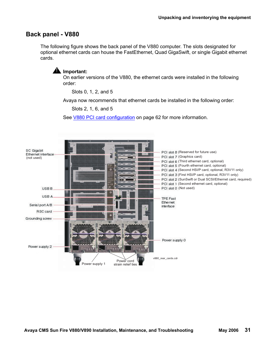 Back panel - v880, Important | Sun Microsystems Sun Fire V880 User Manual | Page 31 / 208