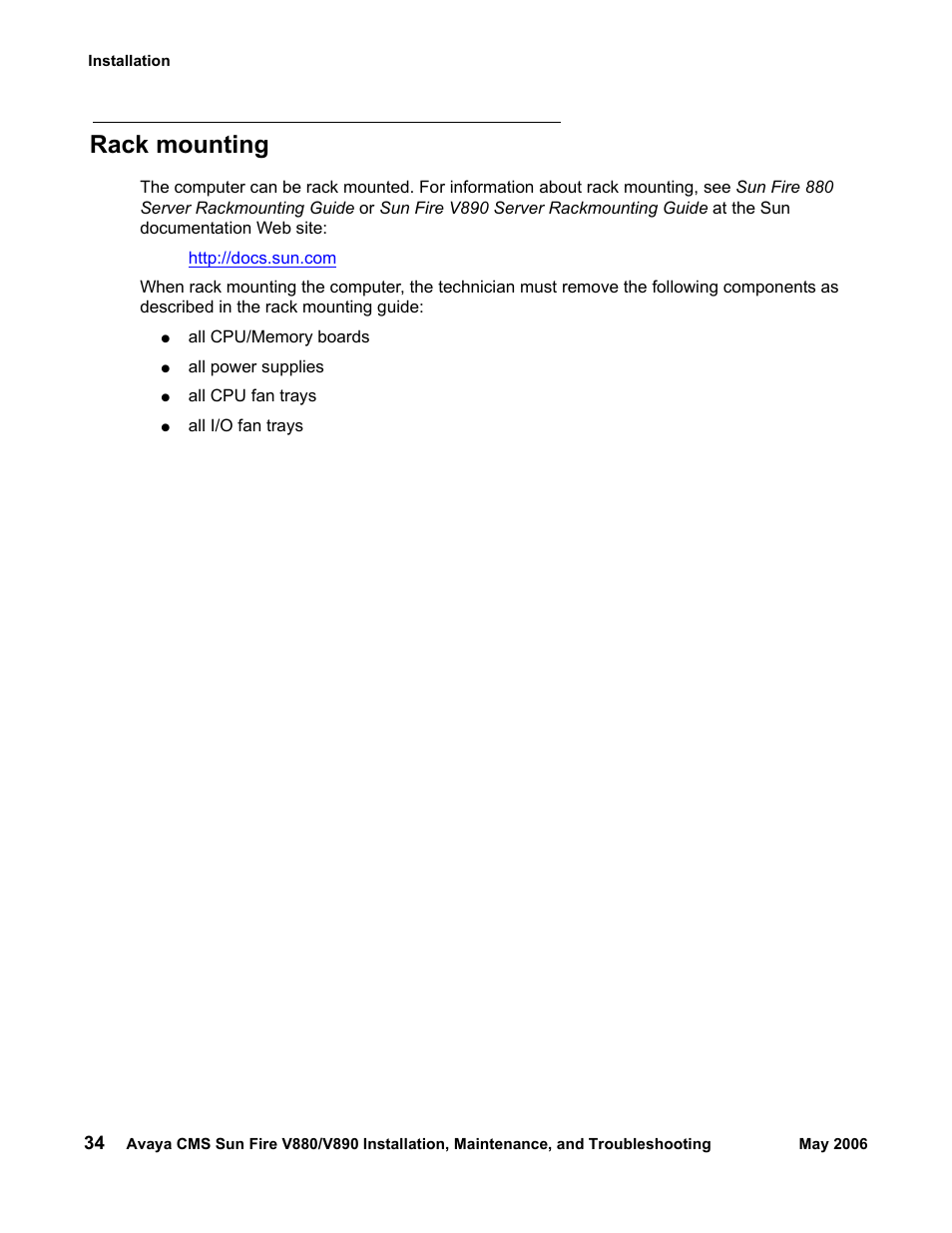 Rack mounting | Sun Microsystems Sun Fire V880 User Manual | Page 34 / 208