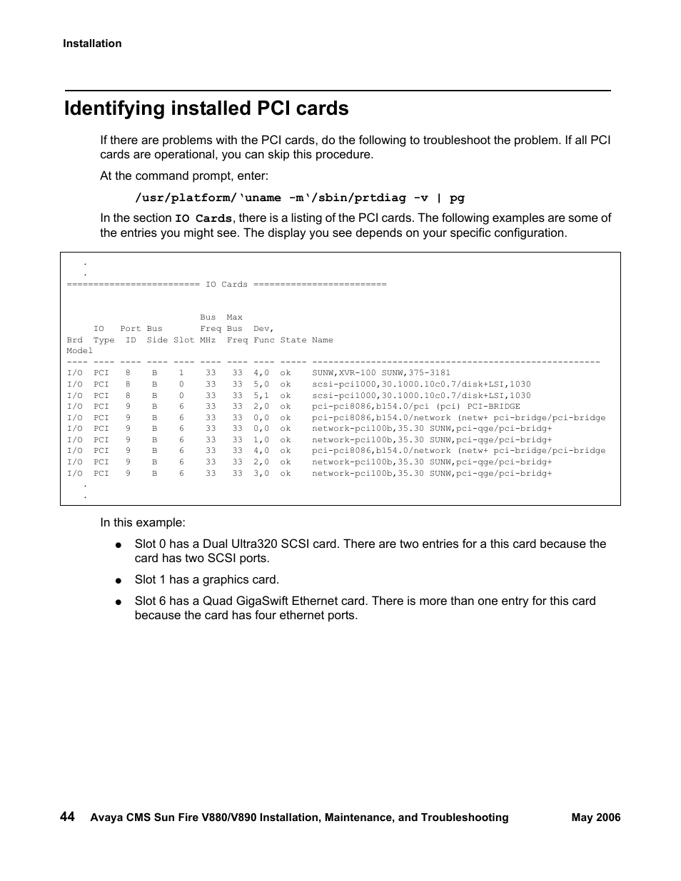 Identifying installed pci cards | Sun Microsystems Sun Fire V880 User Manual | Page 44 / 208