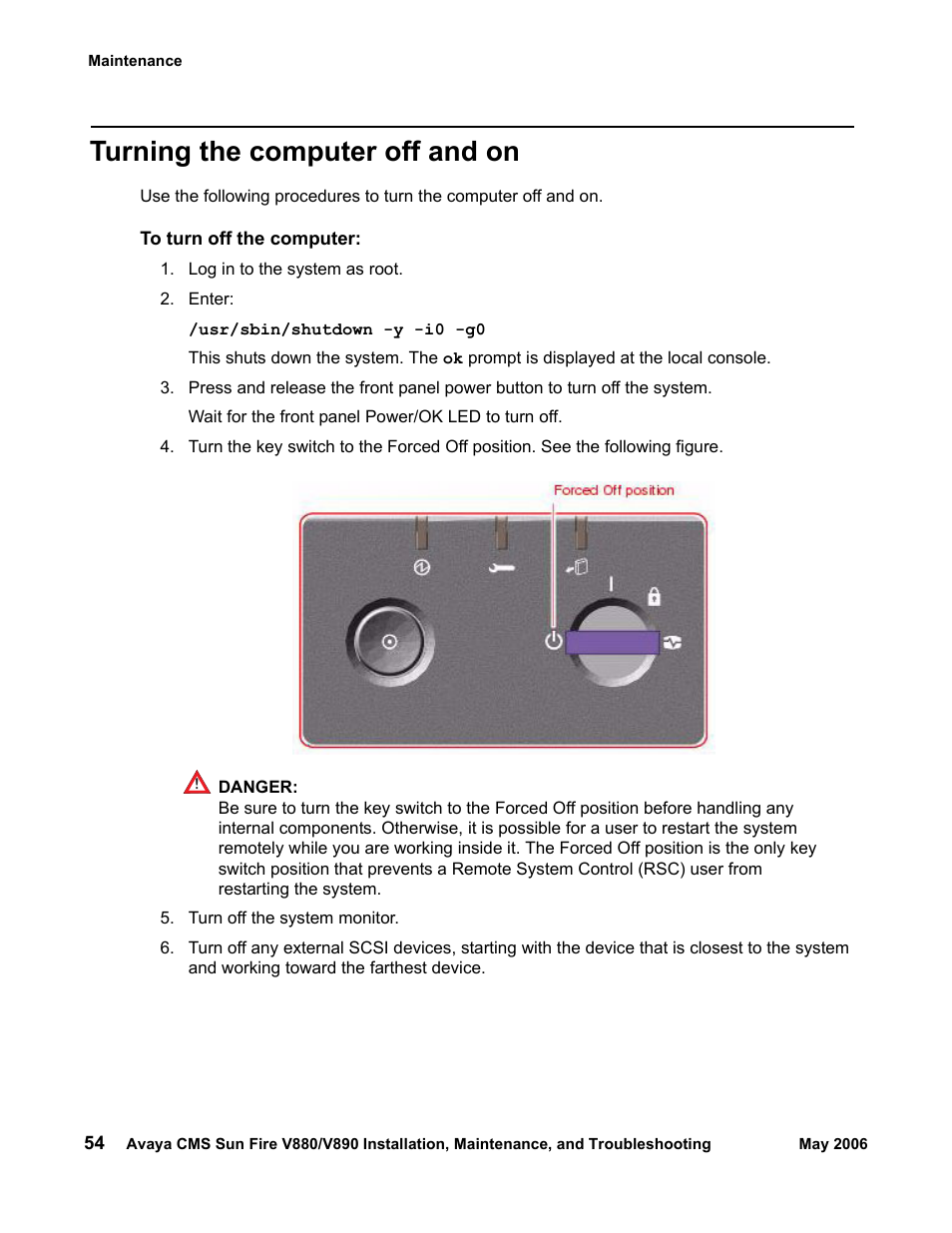 Turning the computer off and on | Sun Microsystems Sun Fire V880 User Manual | Page 54 / 208