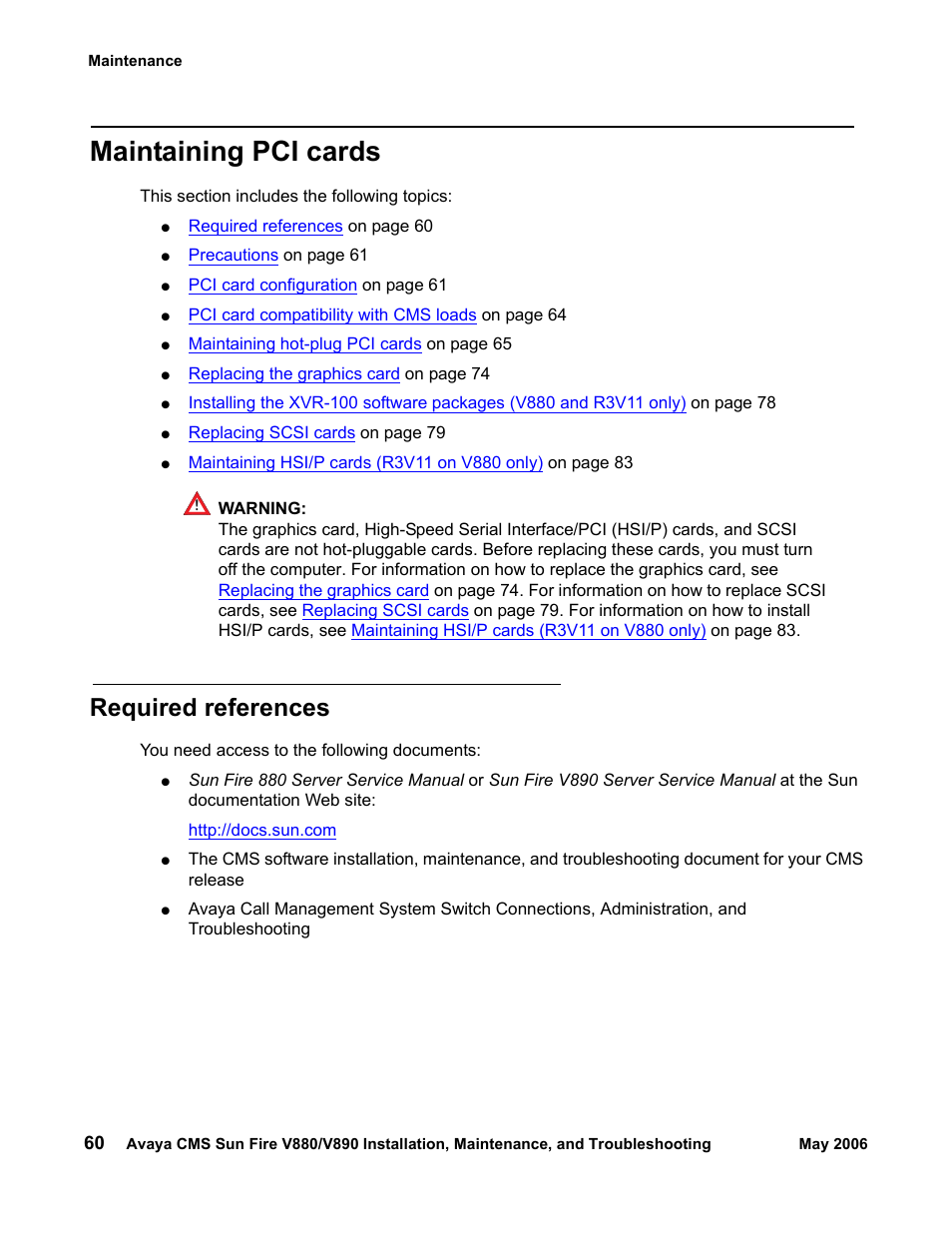 Maintaining pci cards, Required references | Sun Microsystems Sun Fire V880 User Manual | Page 60 / 208