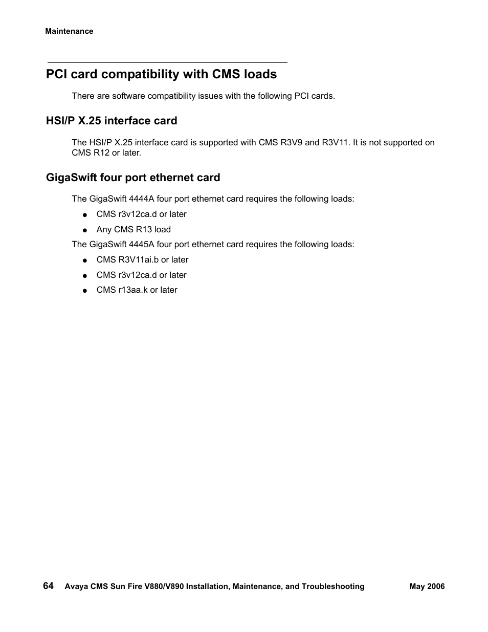 Pci card compatibility with cms loads, Hsi/p x.25 interface card, Gigaswift four port ethernet card | Sun Microsystems Sun Fire V880 User Manual | Page 64 / 208