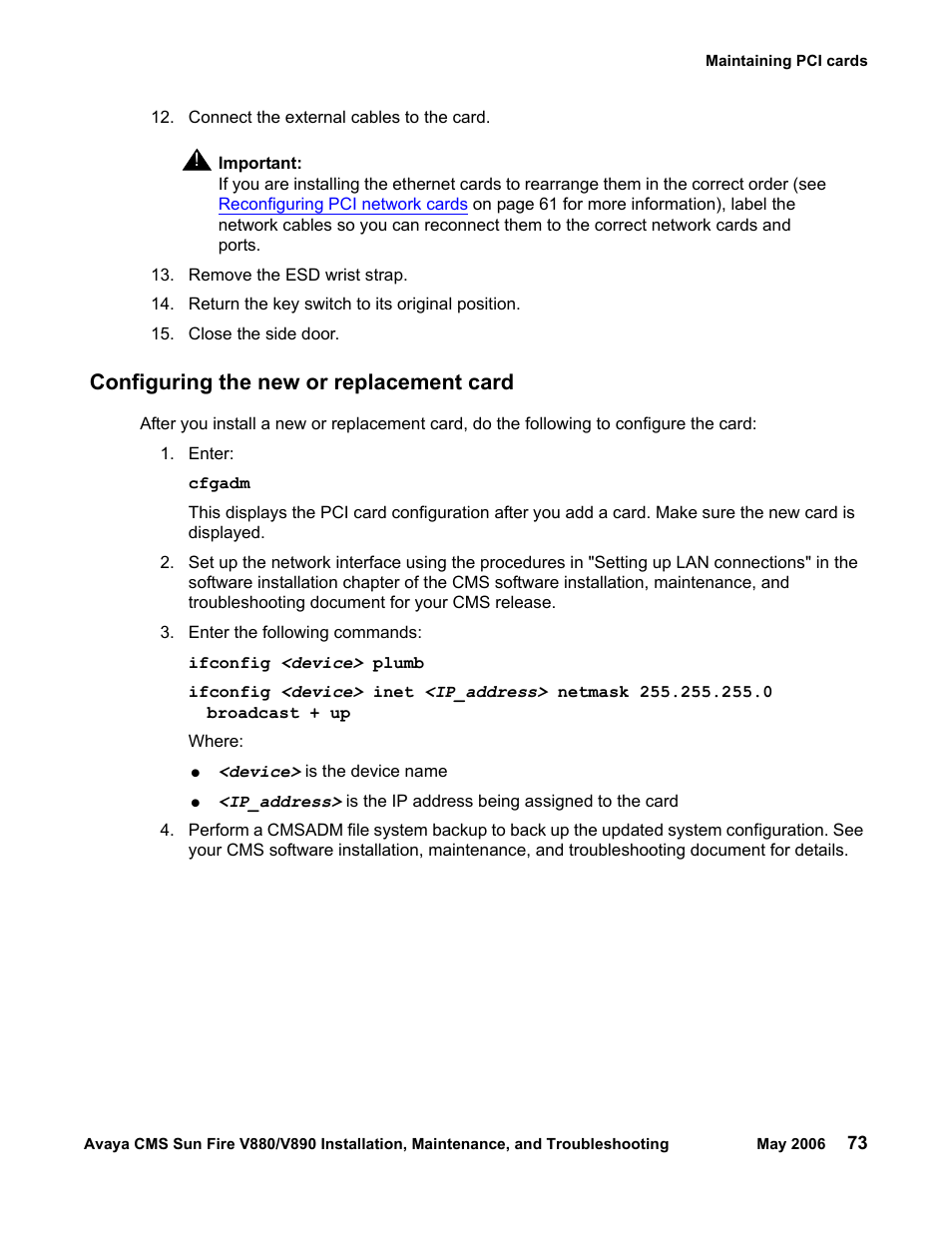 Configuring the new or replacement card | Sun Microsystems Sun Fire V880 User Manual | Page 73 / 208