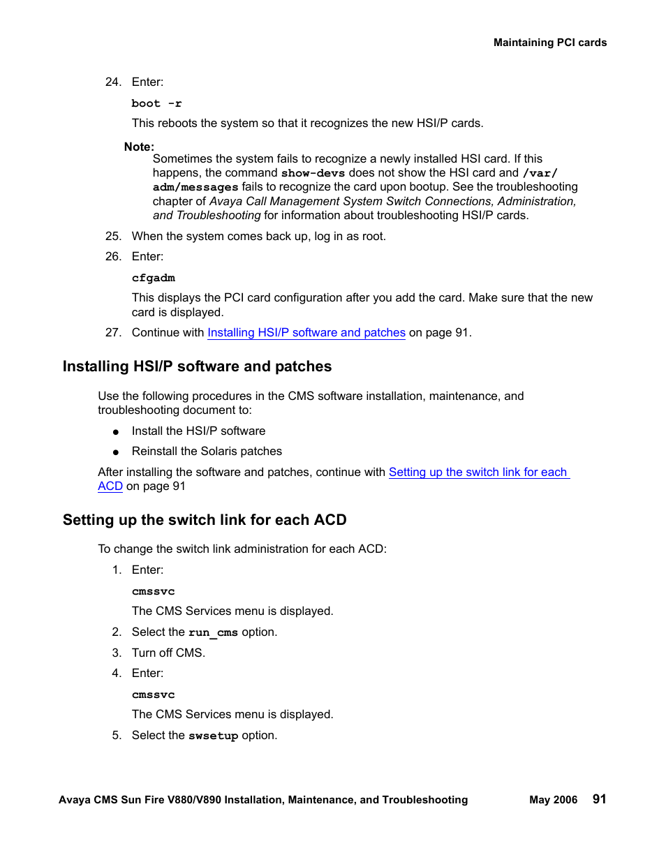 Installing hsi/p software and patches, Setting up the switch link for each acd | Sun Microsystems Sun Fire V880 User Manual | Page 91 / 208