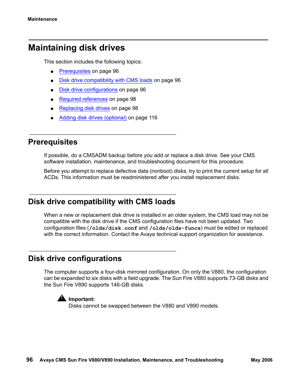 Maintaining disk drives, Prerequisites, Disk drive compatibility with cms loads | Disk drive configurations | Sun Microsystems Sun Fire V880 User Manual | Page 96 / 208