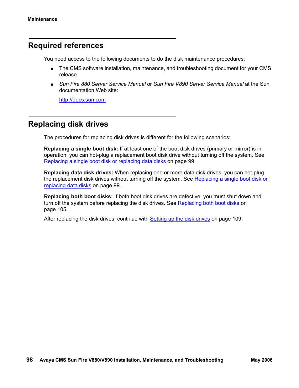 Required references, Replacing disk drives | Sun Microsystems Sun Fire V880 User Manual | Page 98 / 208