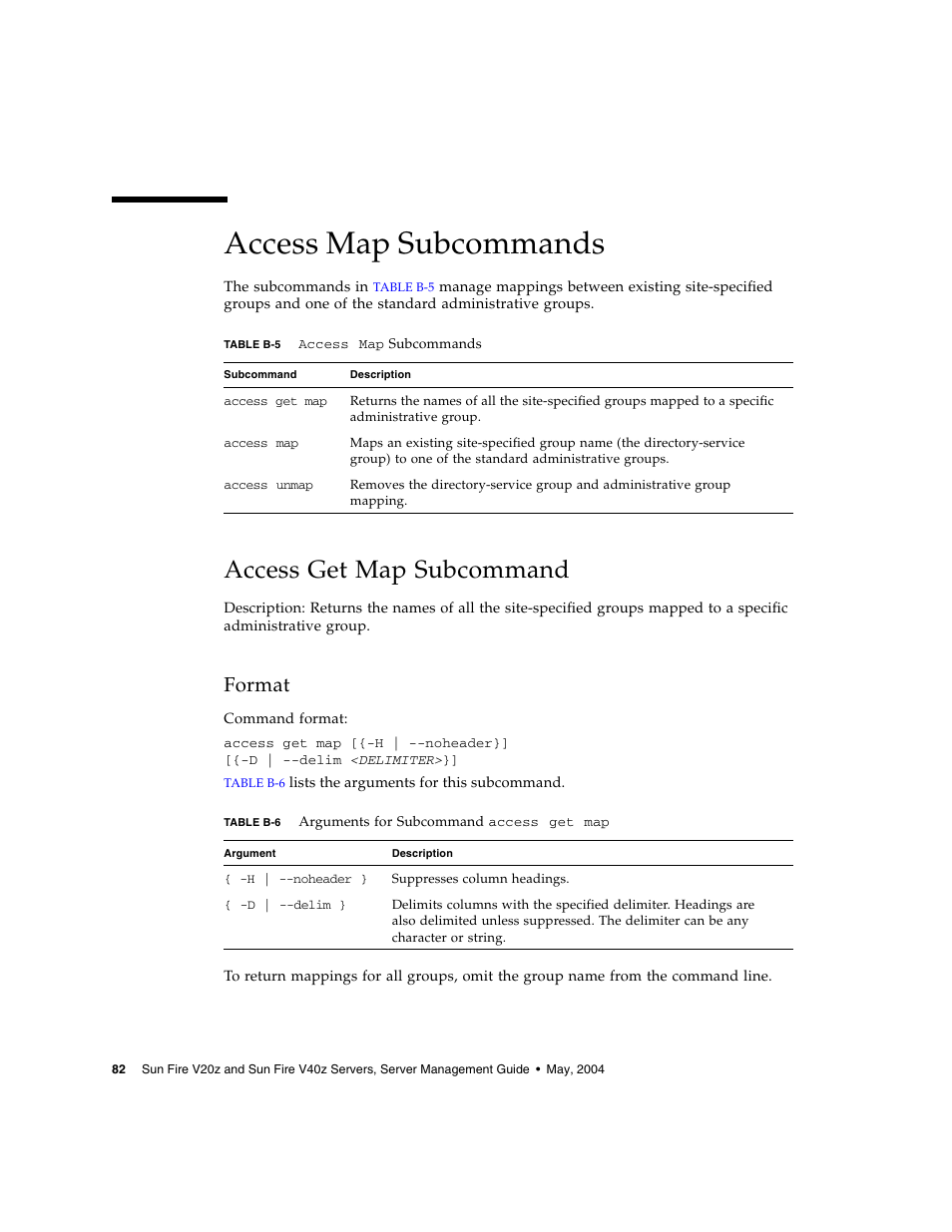 Access map subcommands, Access get map subcommand, Format | Sun Microsystems FIRE V40Z User Manual | Page 104 / 254
