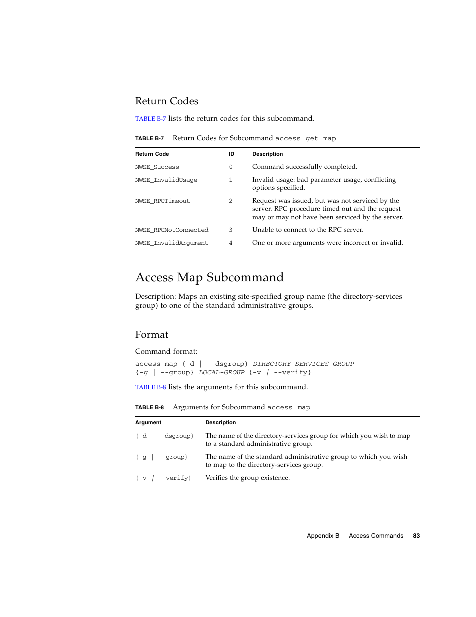 Return codes, Access map subcommand, Format | Sun Microsystems FIRE V40Z User Manual | Page 105 / 254