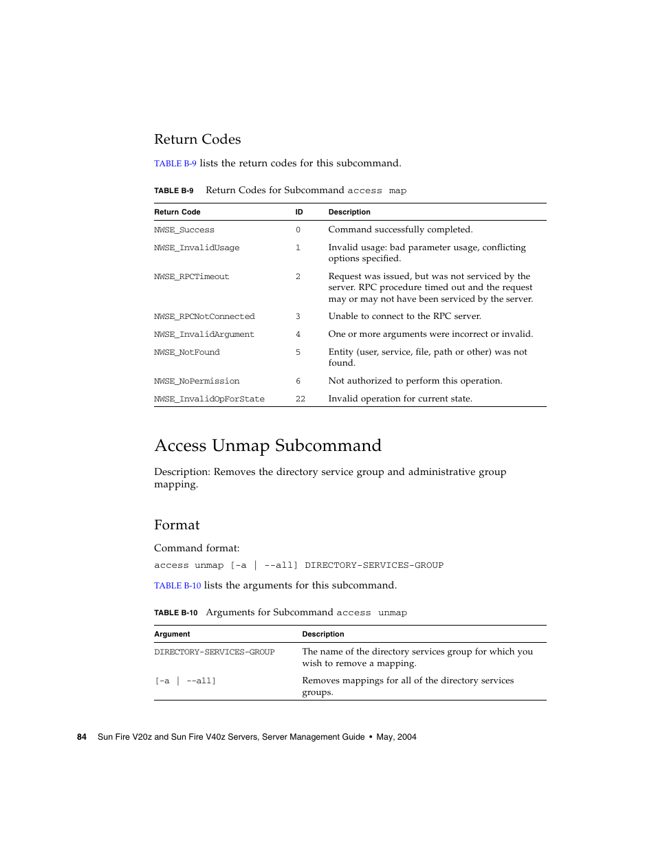 Return codes, Access unmap subcommand, Format | Sun Microsystems FIRE V40Z User Manual | Page 106 / 254