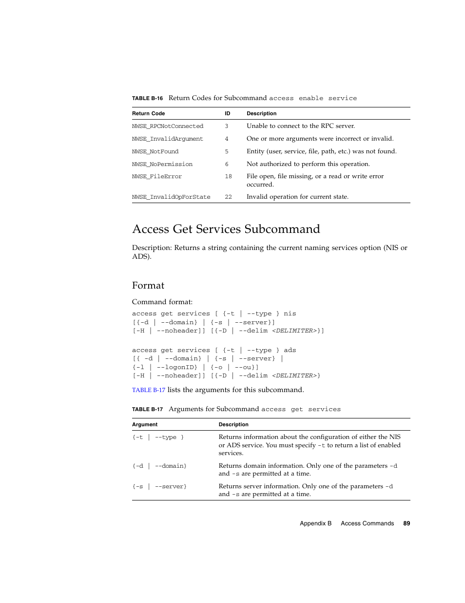 Access get services subcommand, Format | Sun Microsystems FIRE V40Z User Manual | Page 111 / 254