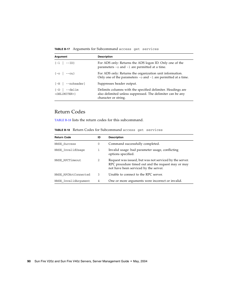 Return codes | Sun Microsystems FIRE V40Z User Manual | Page 112 / 254