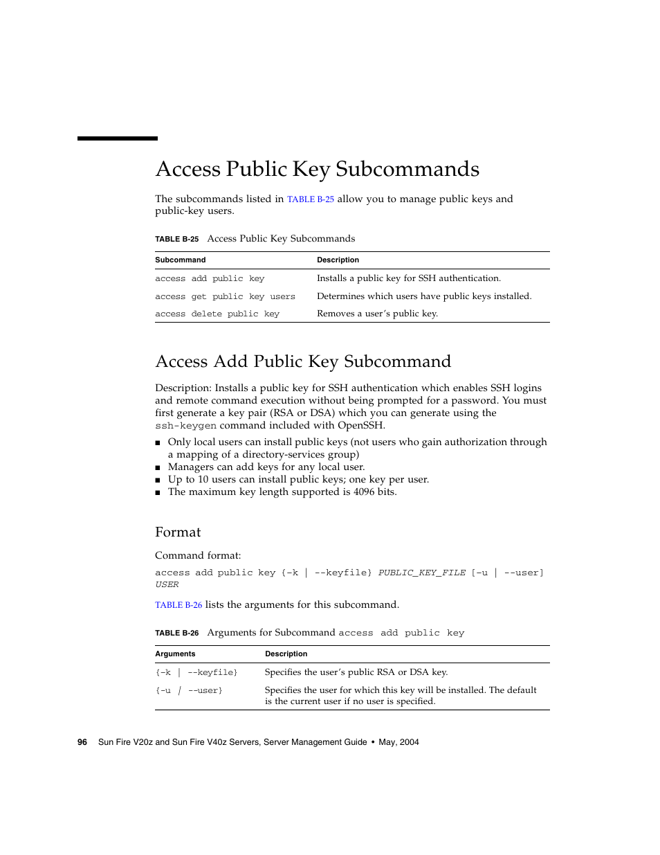 Access public key subcommands, Access add public key subcommand, Format | Sun Microsystems FIRE V40Z User Manual | Page 118 / 254