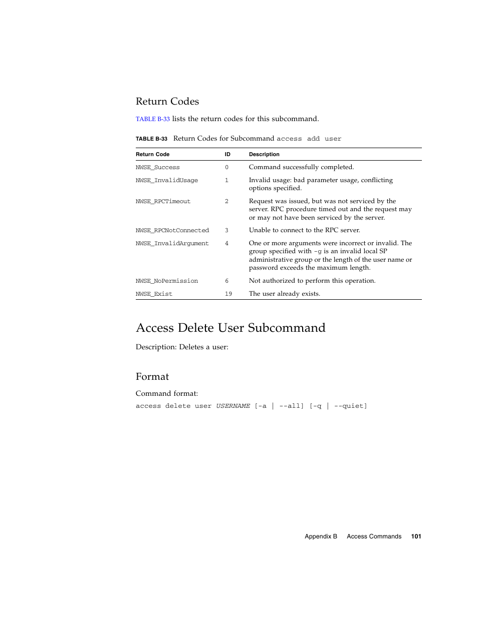 Return codes, Access delete user subcommand, Format | Sun Microsystems FIRE V40Z User Manual | Page 123 / 254