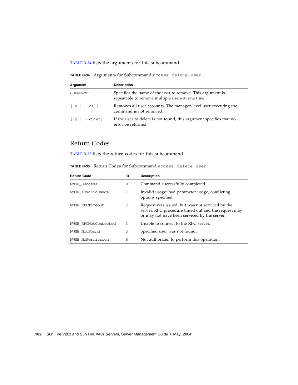 Return codes | Sun Microsystems FIRE V40Z User Manual | Page 124 / 254