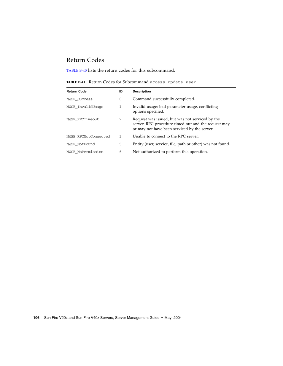 Return codes | Sun Microsystems FIRE V40Z User Manual | Page 128 / 254