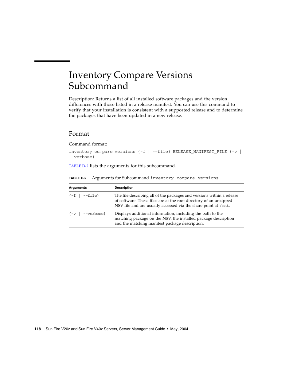 Inventory compare versions subcommand, Format | Sun Microsystems FIRE V40Z User Manual | Page 140 / 254