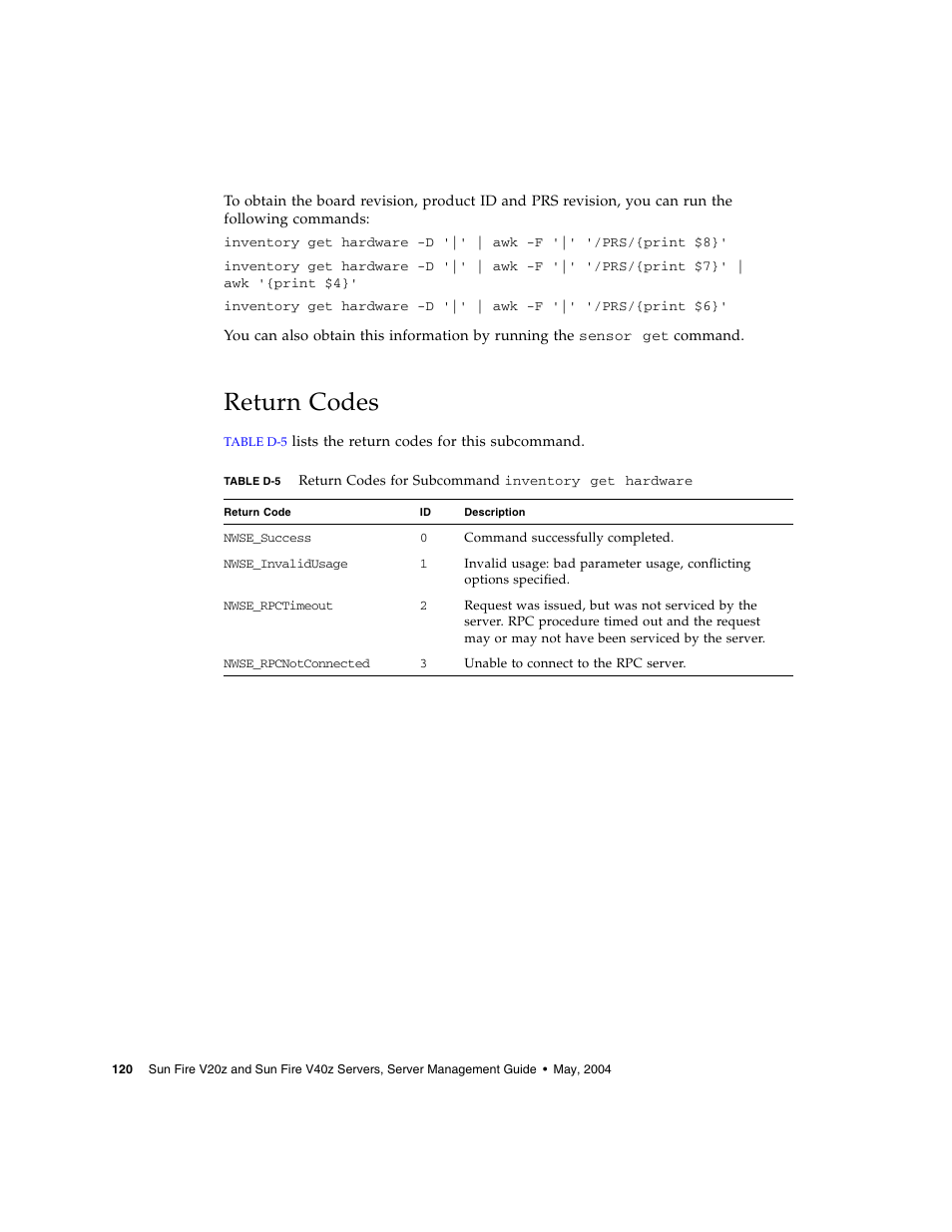 Return codes | Sun Microsystems FIRE V40Z User Manual | Page 142 / 254