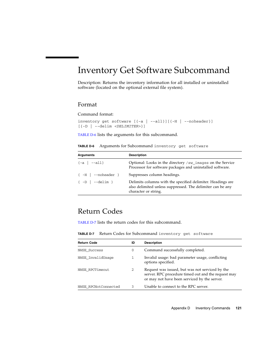 Inventory get software subcommand, Format, Return codes | Sun Microsystems FIRE V40Z User Manual | Page 143 / 254