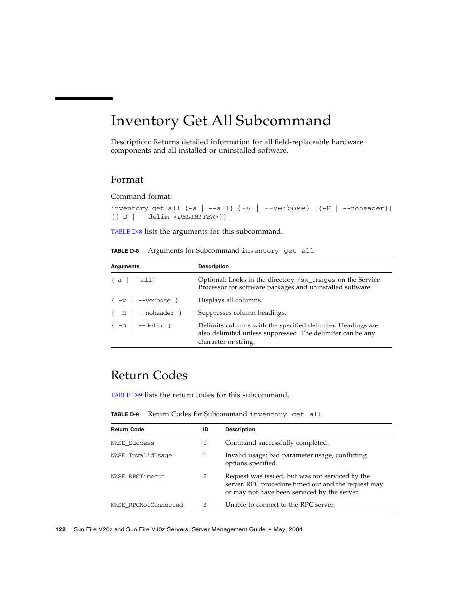 Inventory get all subcommand, Format, Return codes | Sun Microsystems FIRE V40Z User Manual | Page 144 / 254