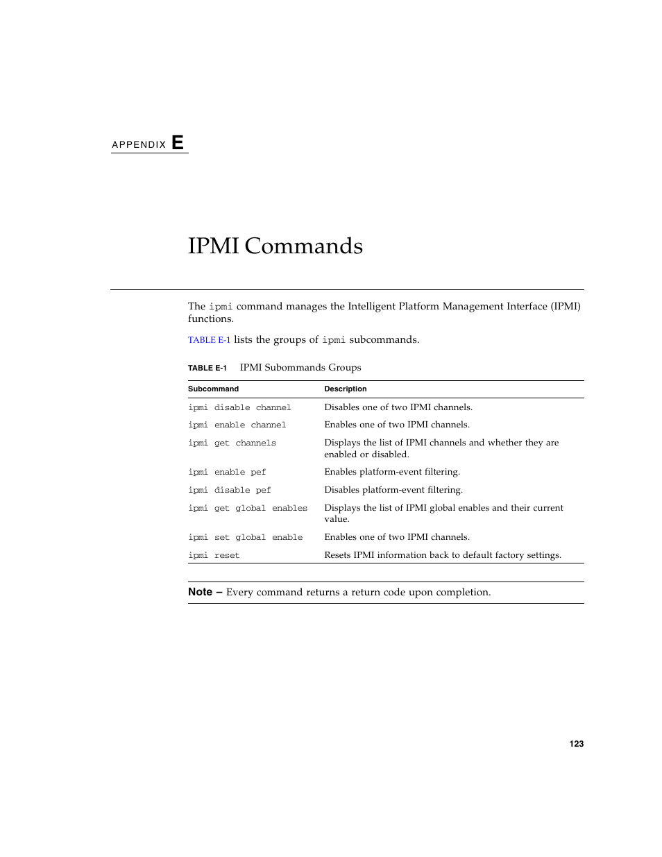 Ipmi commands, Ipmi, Appendix e | Sun Microsystems FIRE V40Z User Manual | Page 145 / 254