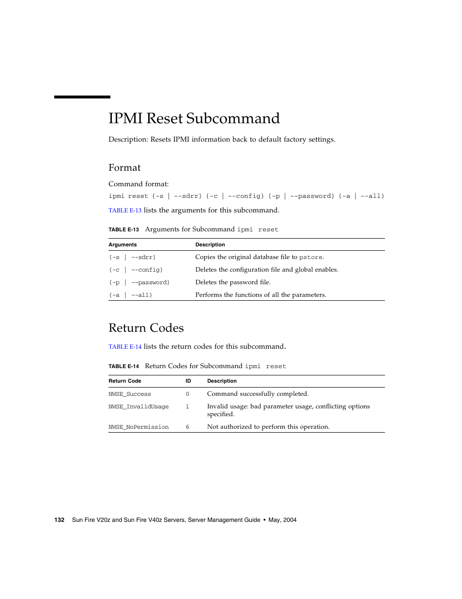 Ipmi reset subcommand, Format, Return codes | Sun Microsystems FIRE V40Z User Manual | Page 154 / 254