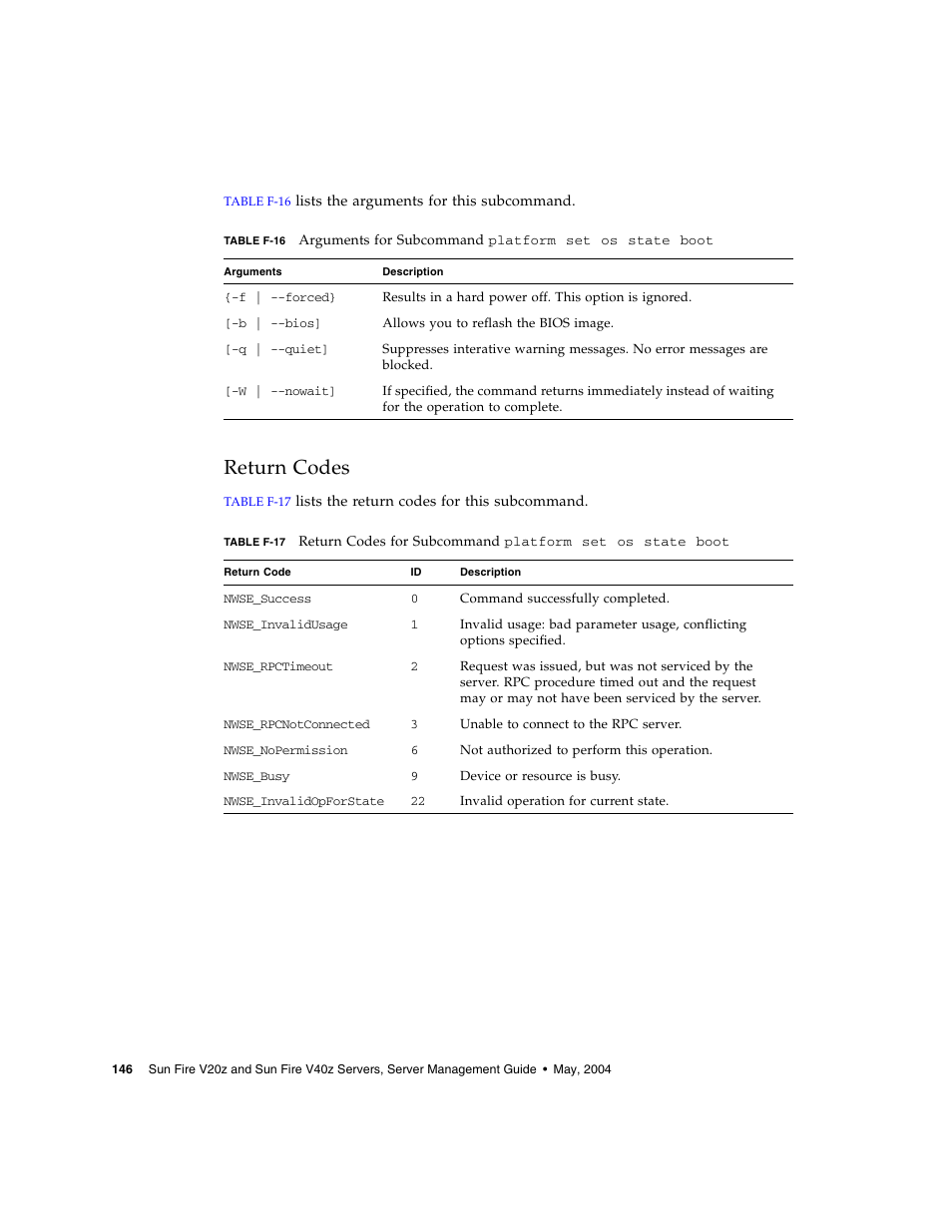 Return codes | Sun Microsystems FIRE V40Z User Manual | Page 168 / 254