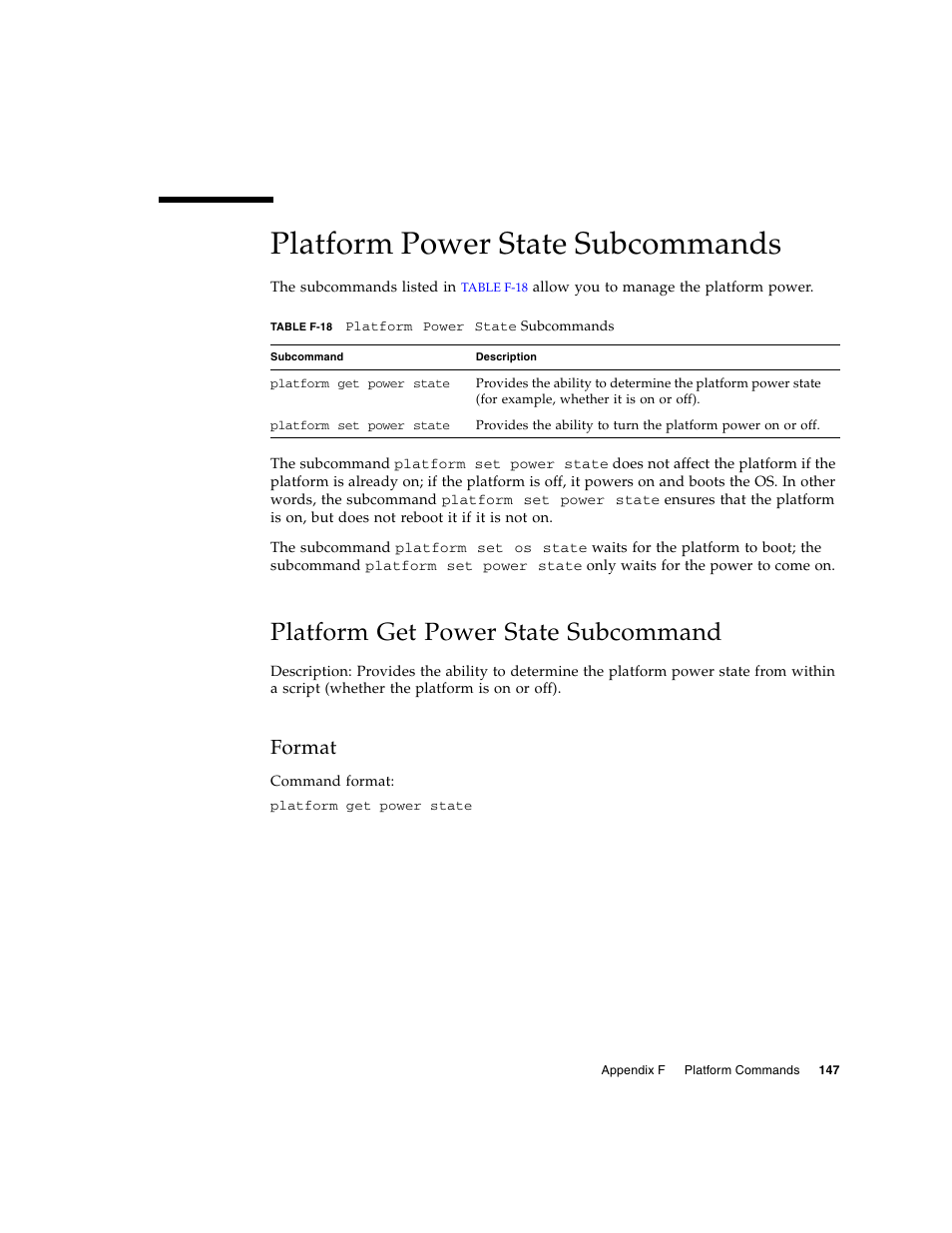 Platform power state subcommands, Platform get power state subcommand, Format | Sun Microsystems FIRE V40Z User Manual | Page 169 / 254