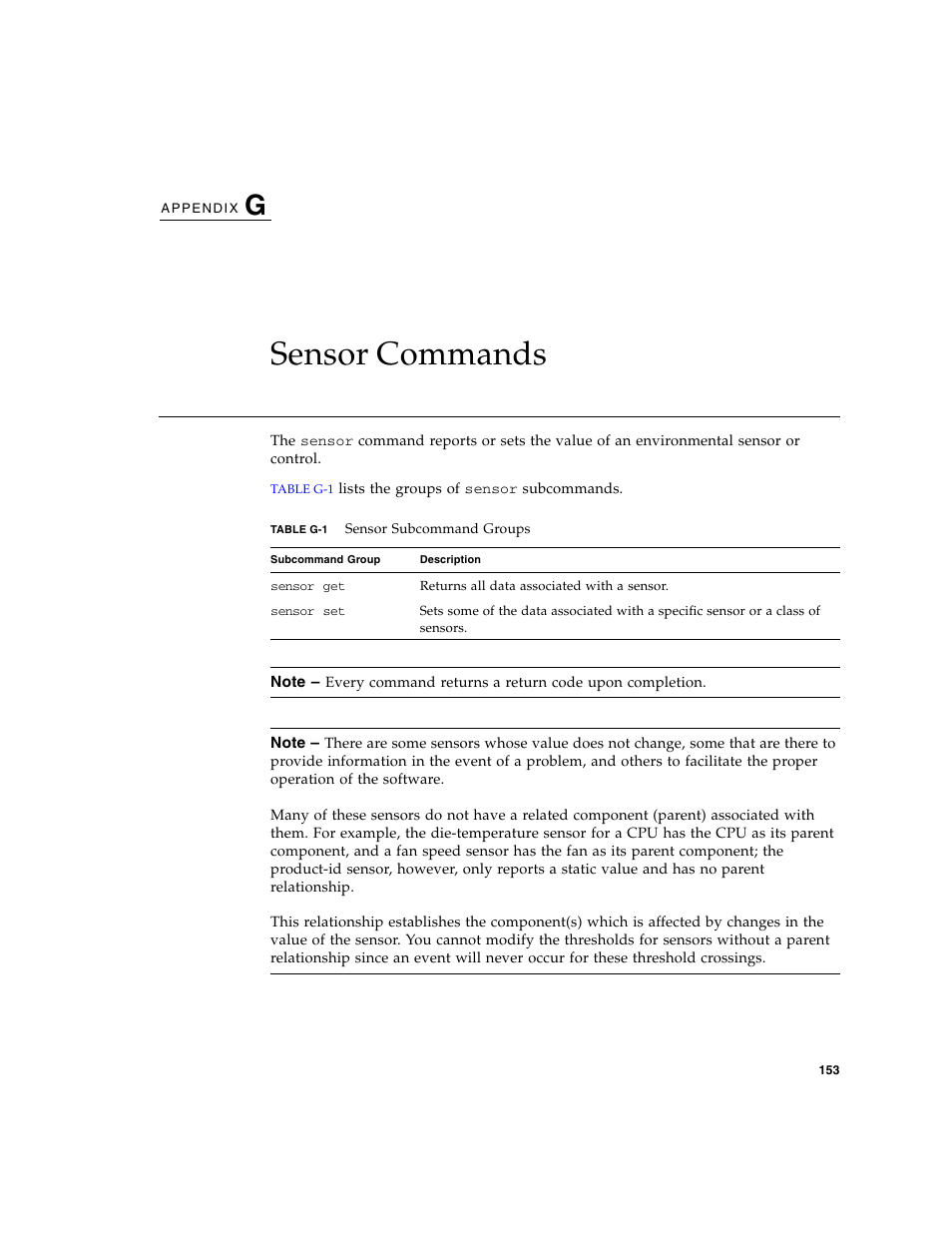 Sensor commands, Sensor | Sun Microsystems FIRE V40Z User Manual | Page 175 / 254