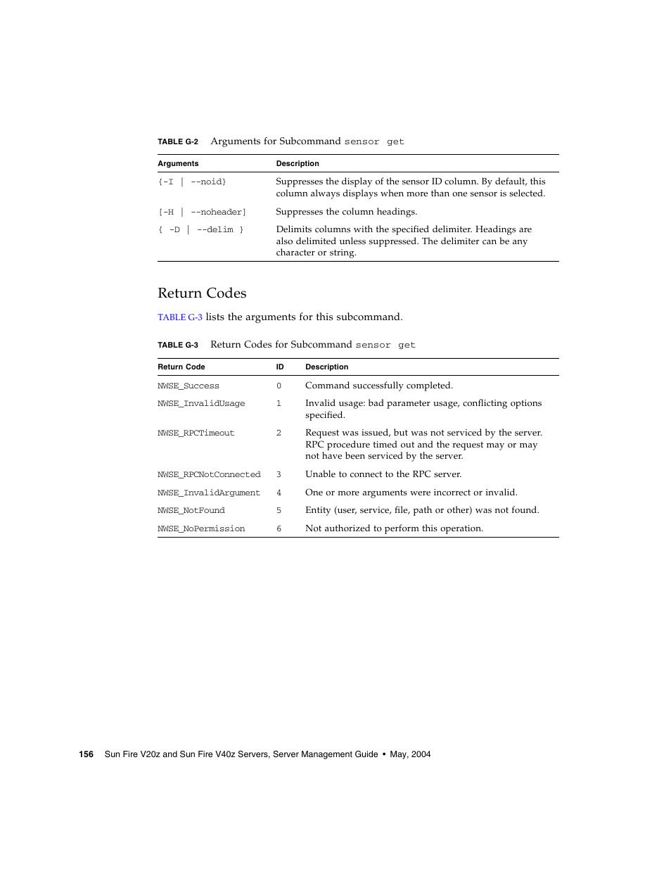Return codes | Sun Microsystems FIRE V40Z User Manual | Page 178 / 254