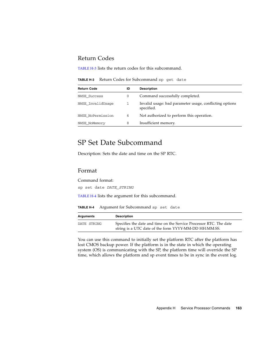 Return codes, Sp set date subcommand, Format | Sun Microsystems FIRE V40Z User Manual | Page 185 / 254
