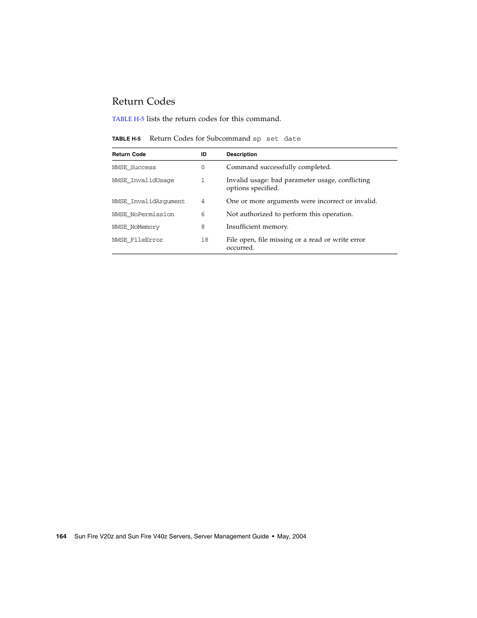 Return codes | Sun Microsystems FIRE V40Z User Manual | Page 186 / 254