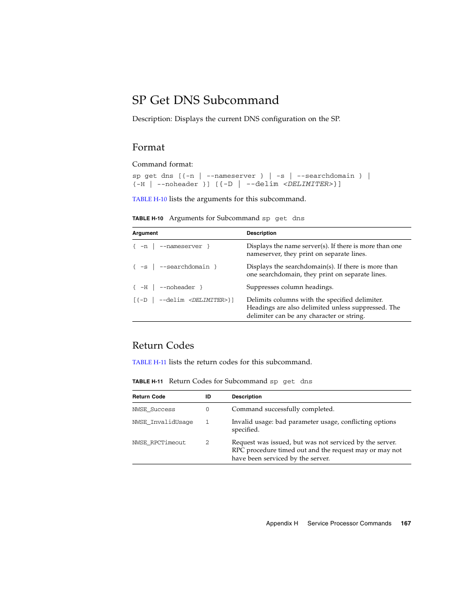 Sp get dns subcommand, Format, Return codes | Sun Microsystems FIRE V40Z User Manual | Page 189 / 254