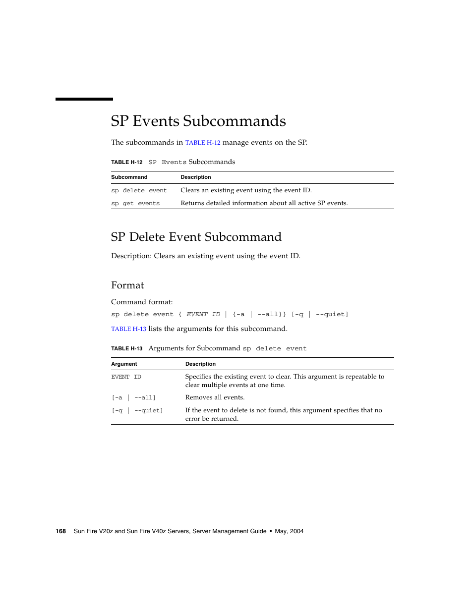 Sp events subcommands, Sp delete event subcommand, Format | Sun Microsystems FIRE V40Z User Manual | Page 190 / 254