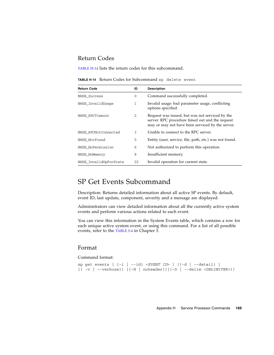 Return codes, Sp get events subcommand, Format | Sun Microsystems FIRE V40Z User Manual | Page 191 / 254