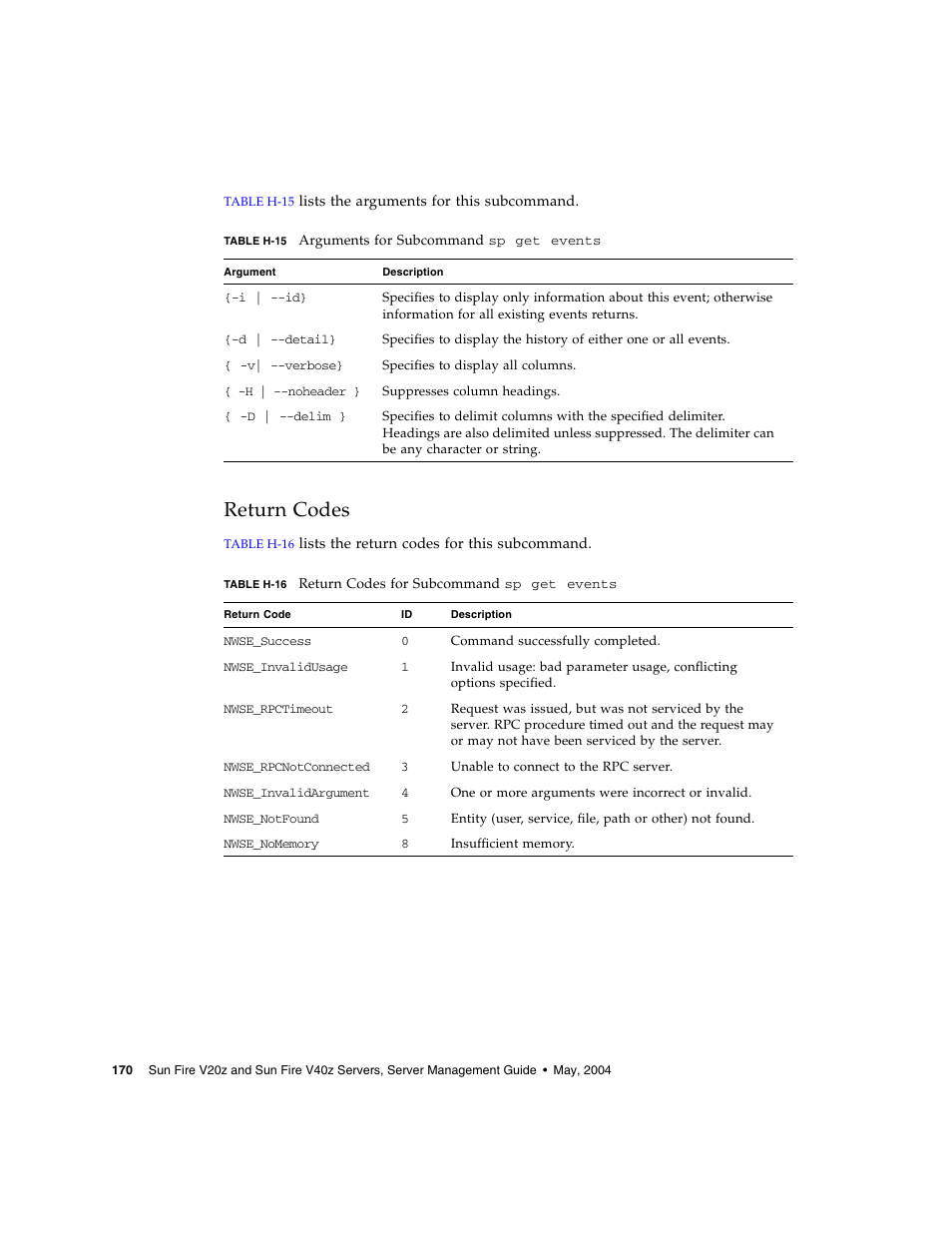 Return codes | Sun Microsystems FIRE V40Z User Manual | Page 192 / 254