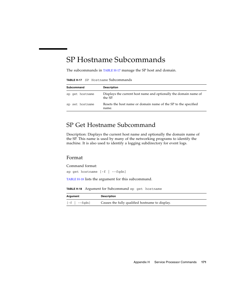 Sp hostname subcommands, Sp get hostname subcommand, Format | Sun Microsystems FIRE V40Z User Manual | Page 193 / 254