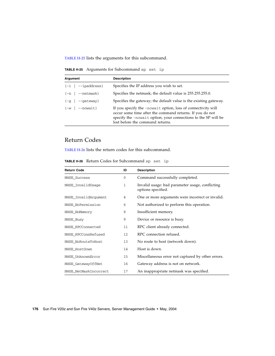 Return codes | Sun Microsystems FIRE V40Z User Manual | Page 198 / 254