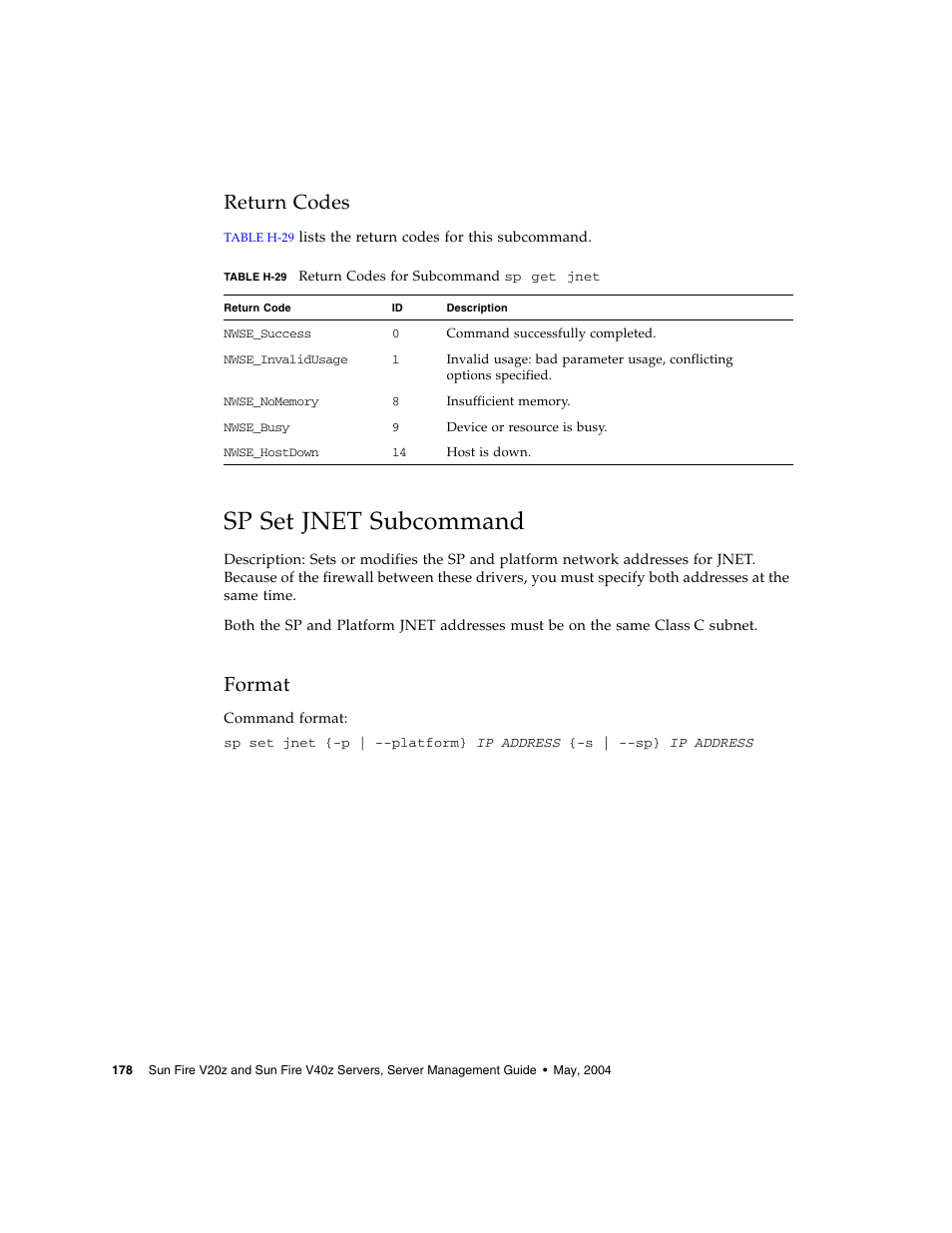 Return codes, Sp set jnet subcommand, Format | Sun Microsystems FIRE V40Z User Manual | Page 200 / 254