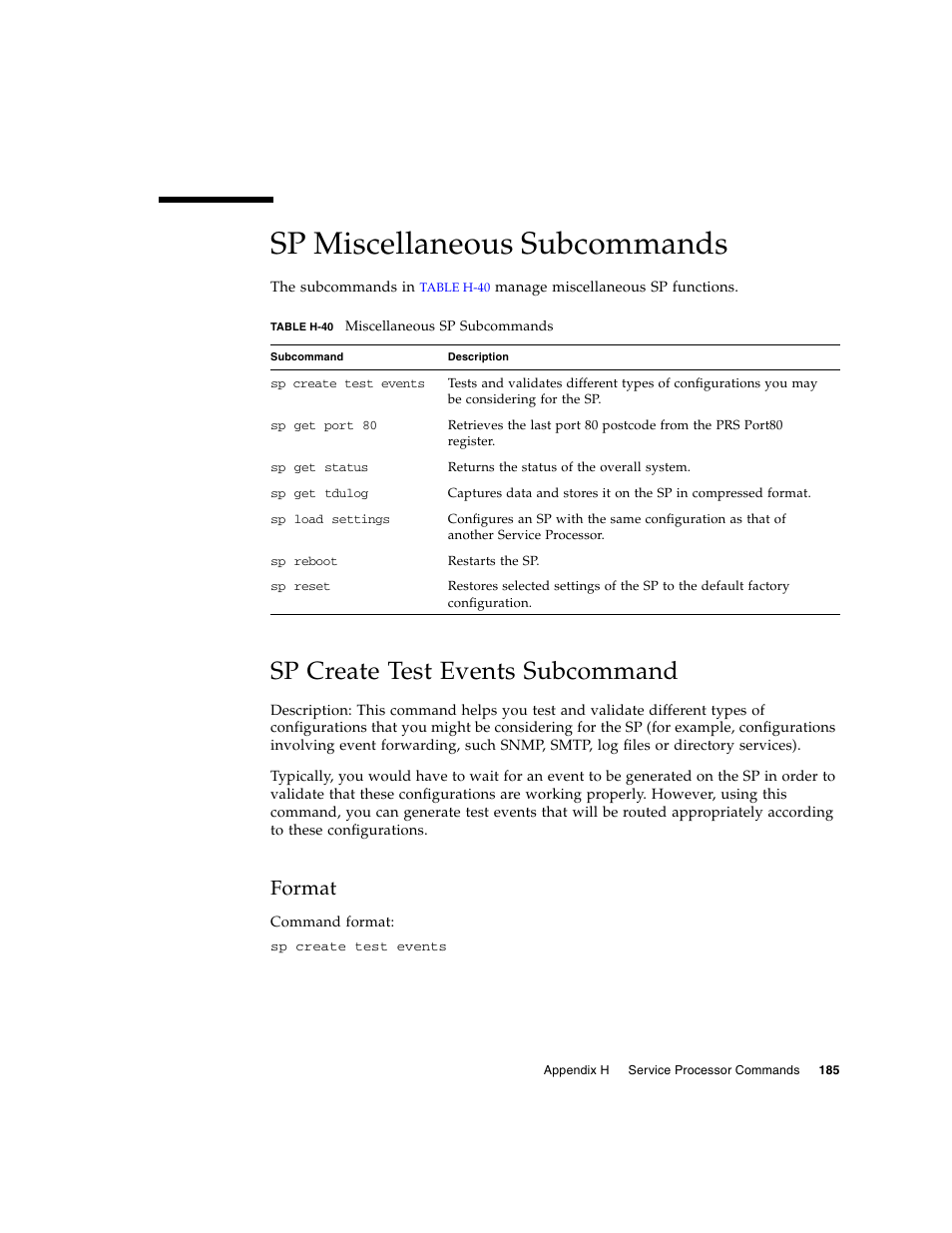 Sp miscellaneous subcommands, Sp create test events subcommand, Format | Sun Microsystems FIRE V40Z User Manual | Page 207 / 254