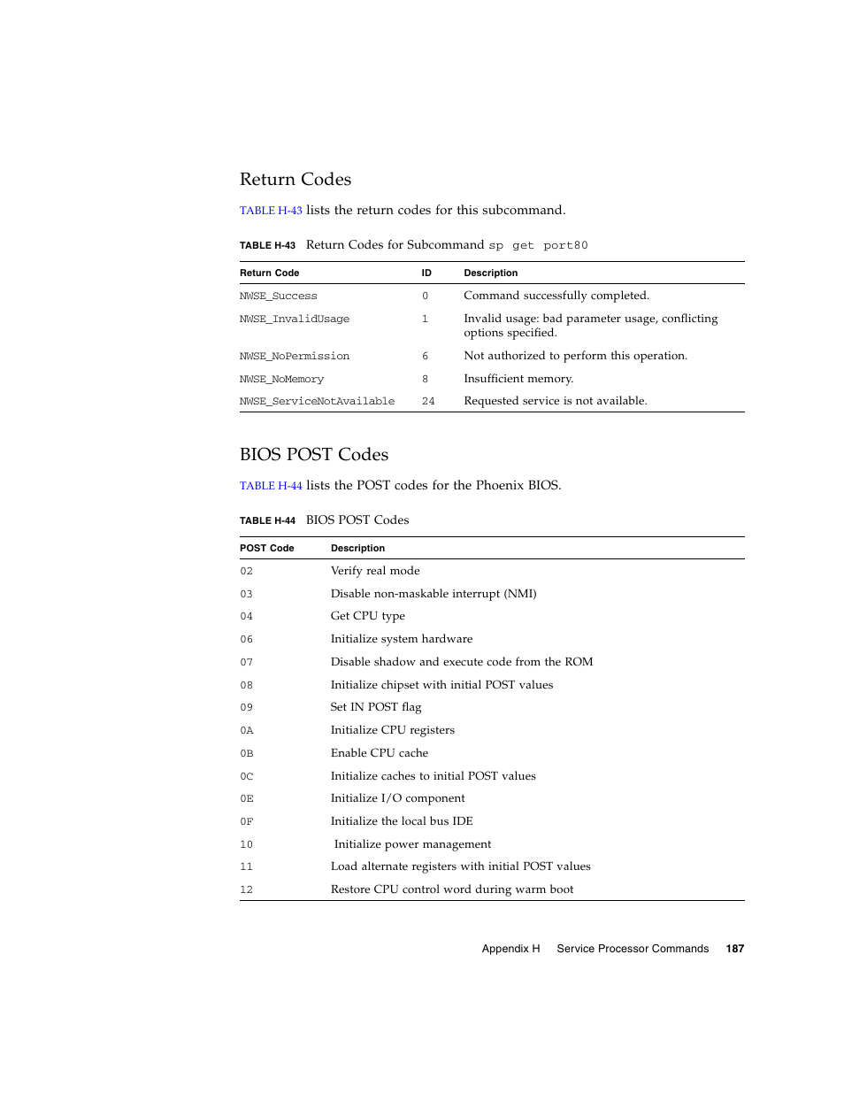 Return codes, Bios post codes | Sun Microsystems FIRE V40Z User Manual | Page 209 / 254