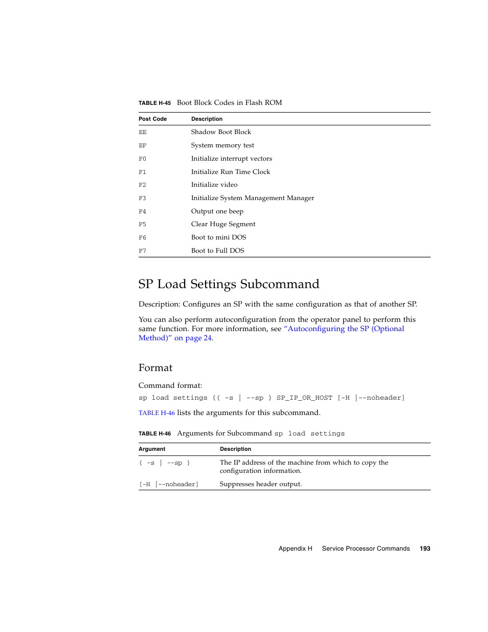 Sp load settings subcommand, Format | Sun Microsystems FIRE V40Z User Manual | Page 215 / 254